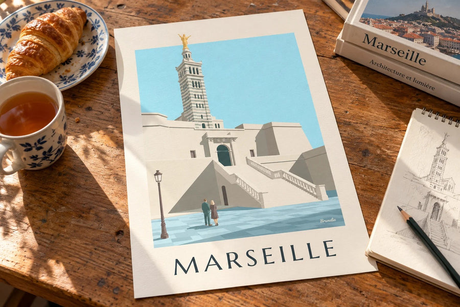 Affiche grand escalier de Notre-Dame-de-la-Garde : posée sur une table