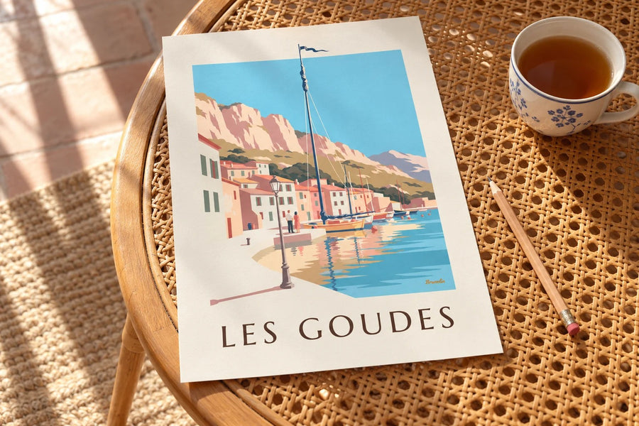 Les Goudes harbour at sunset poster : standing on a table