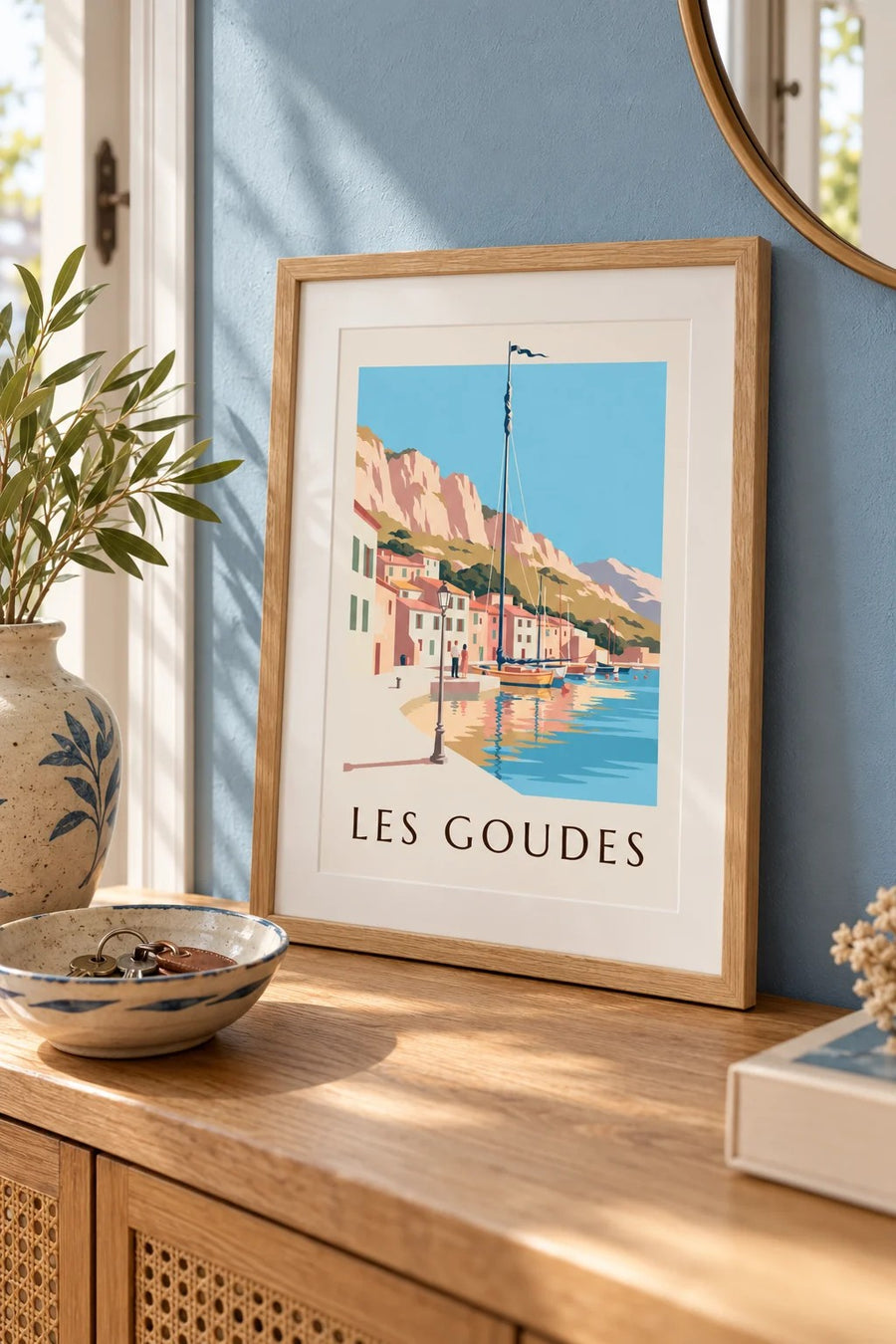 Les Goudes harbour at sunset poster : small A4 size, framed