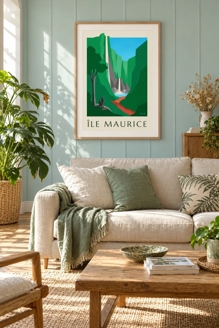 Mauritius Poster, Chamarel Waterfall (MAURITIUS title) : framed on the wall