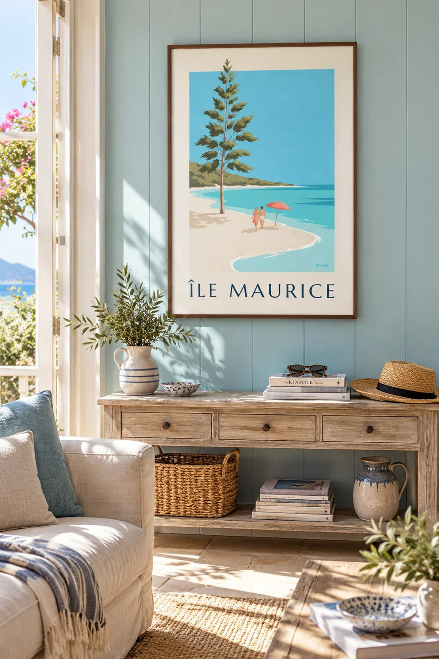 Mauritius Poster, Blue Bay Beach (MAURITIUS title) : framed on the wall