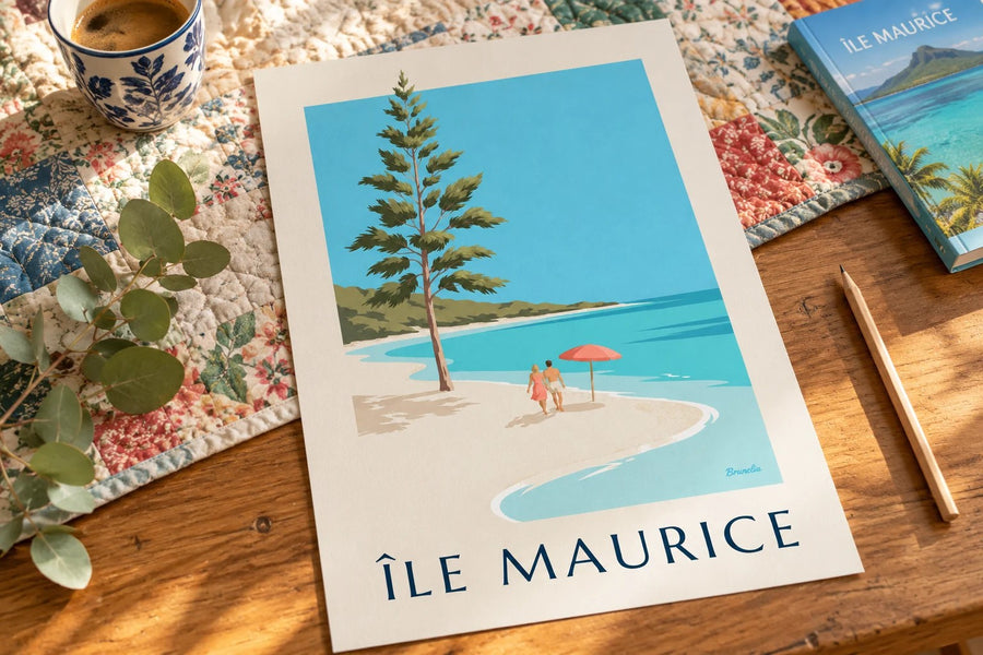 Mauritius Poster, Blue Bay Beach (MAURITIUS title) : standing on a table