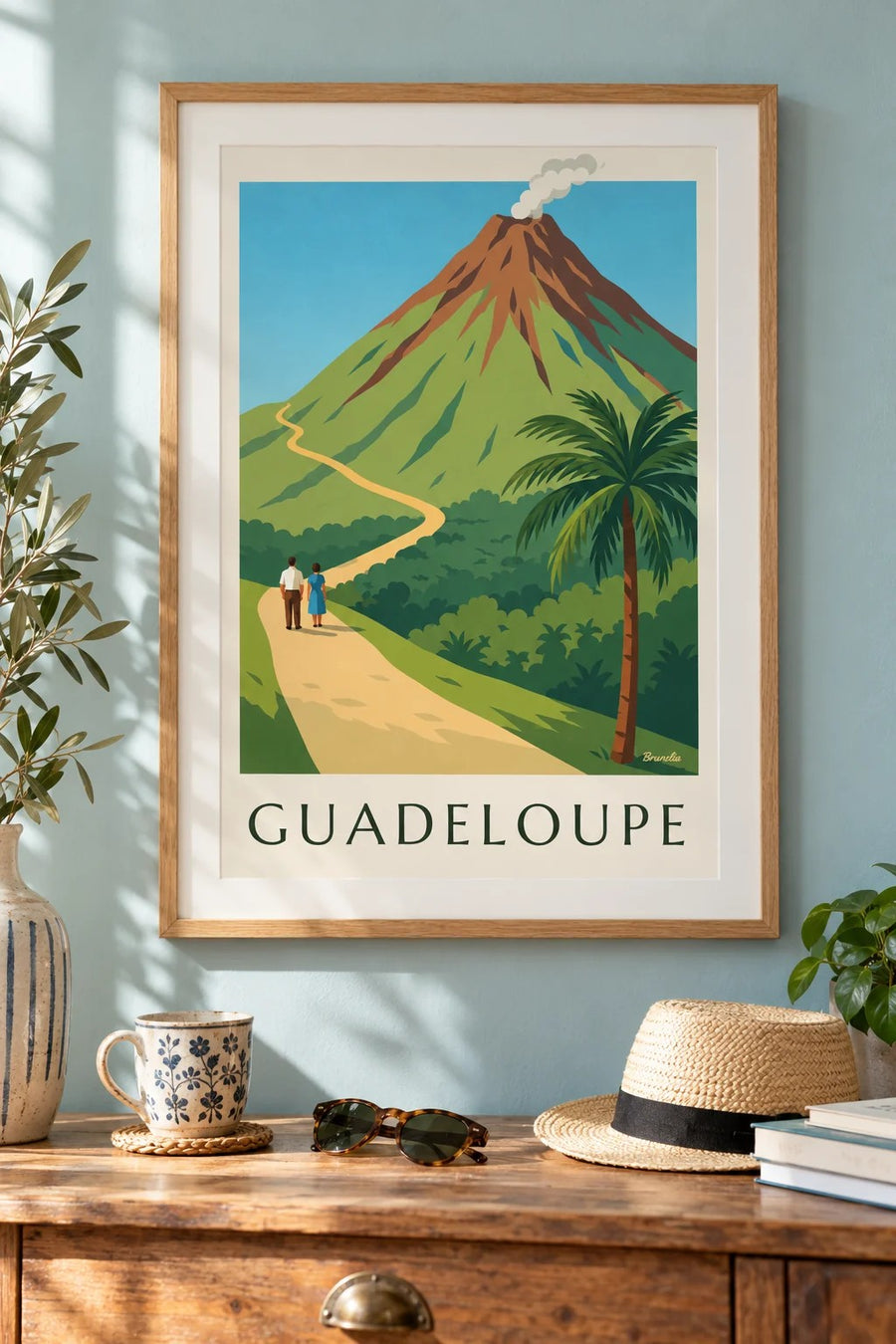 Guadeloupe Poster, La Soufrière Volcano : framed on the wall