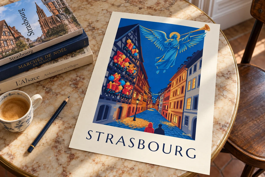 Strasbourg Christmas glowing angel poster : standing on a table