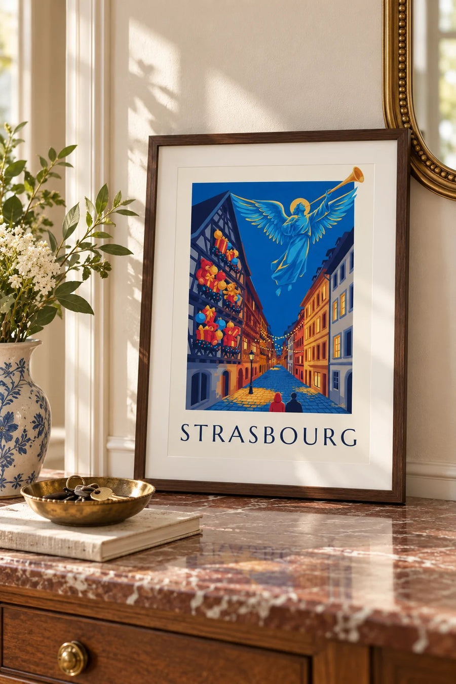 Strasbourg Christmas glowing angel poster : small A4 size, framed