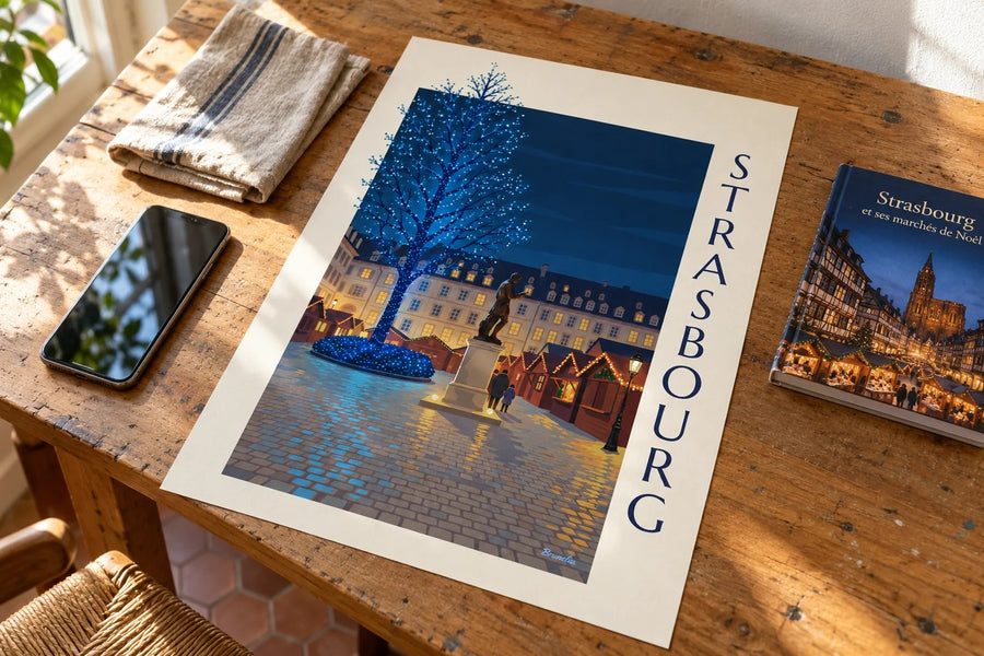 Strasbourg Christmas at Place Gutenberg poster : standing on a table
