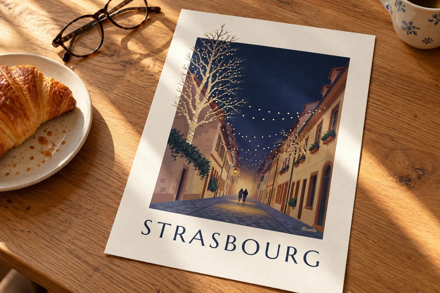 Strasbourg alley lit up for Christmas poster : standing on a table