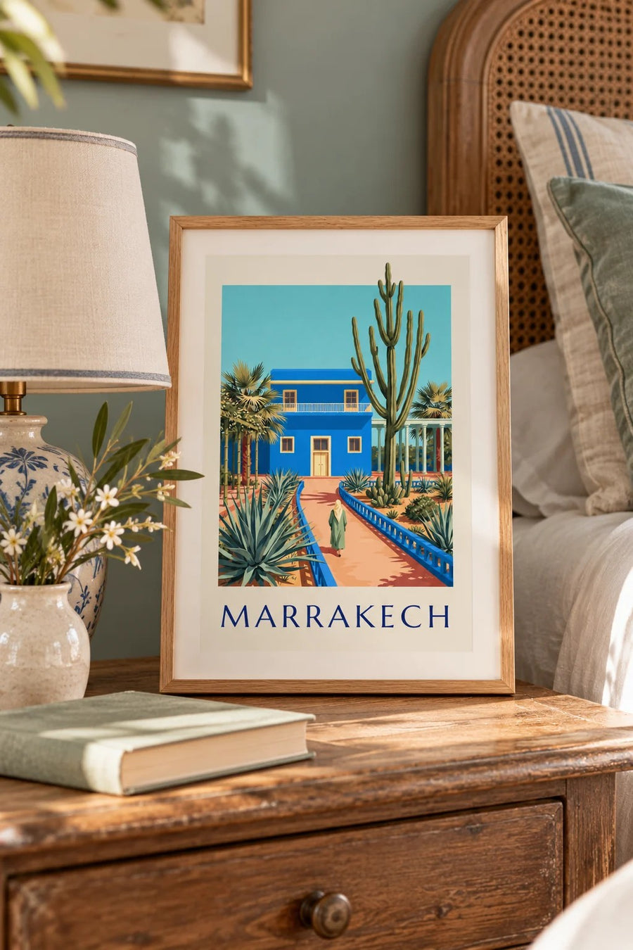 Marrakech blue villa and cactus poster : small A4 size, framed