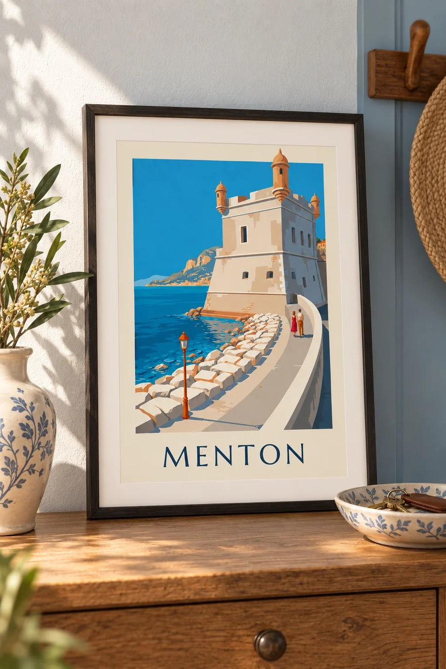 Menton Old Harbour Bastion Seaside Poster : small A4 size, framed