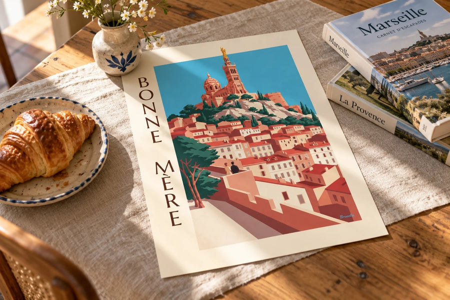Affiche Notre-Dame-de-la-Garde à Marseille : posée sur une table