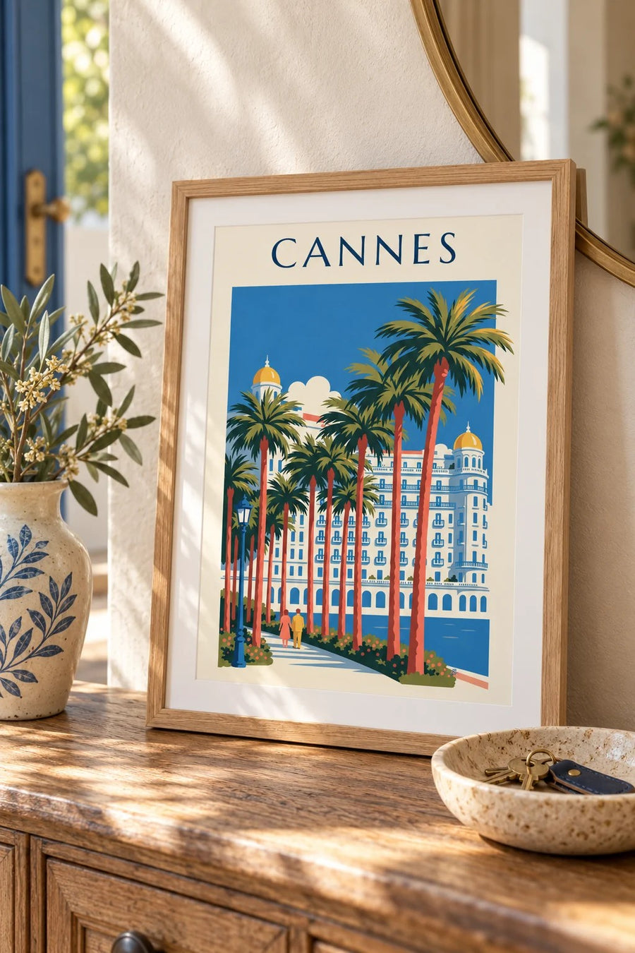 Affiche Croisette de Cannes, palmiers et palace : petit format A4 encadré