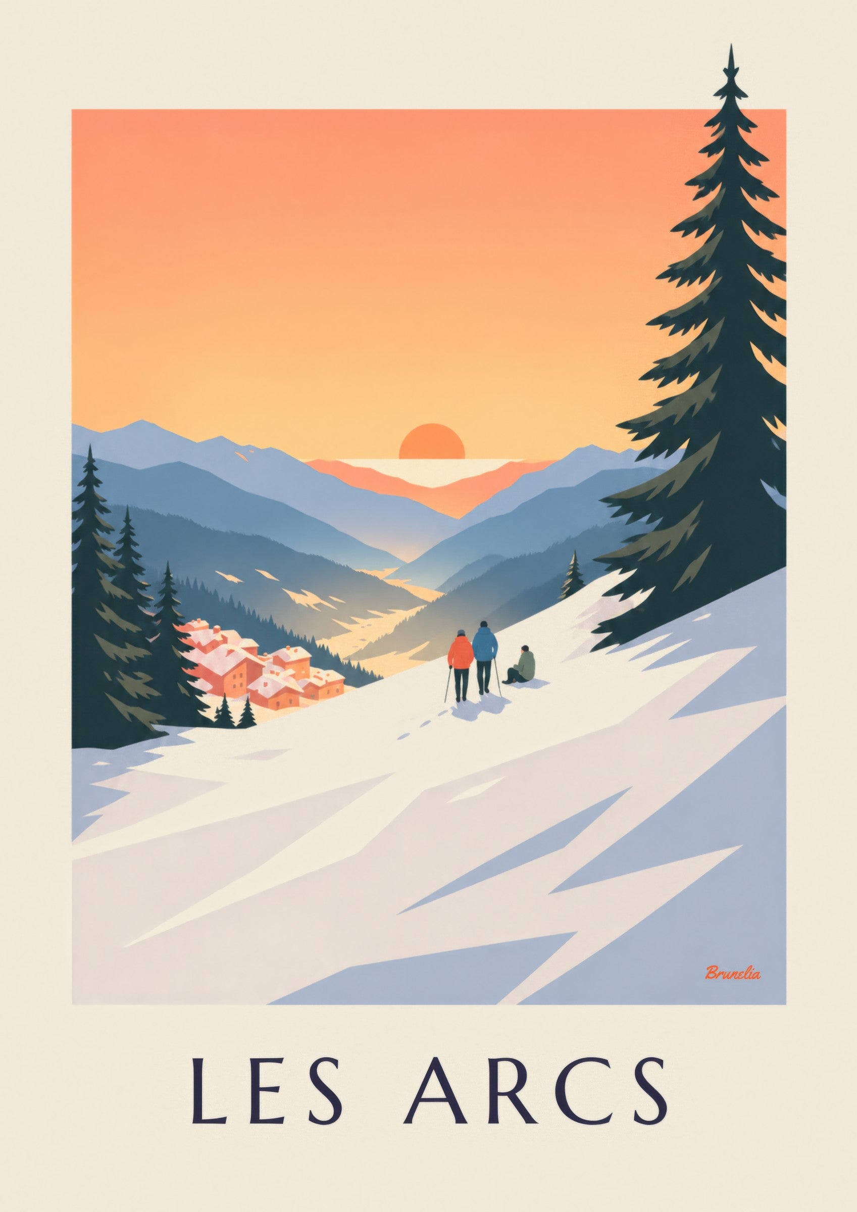 The 2 walkers in red and blue jackets with their poles, and a person sitting in the snow