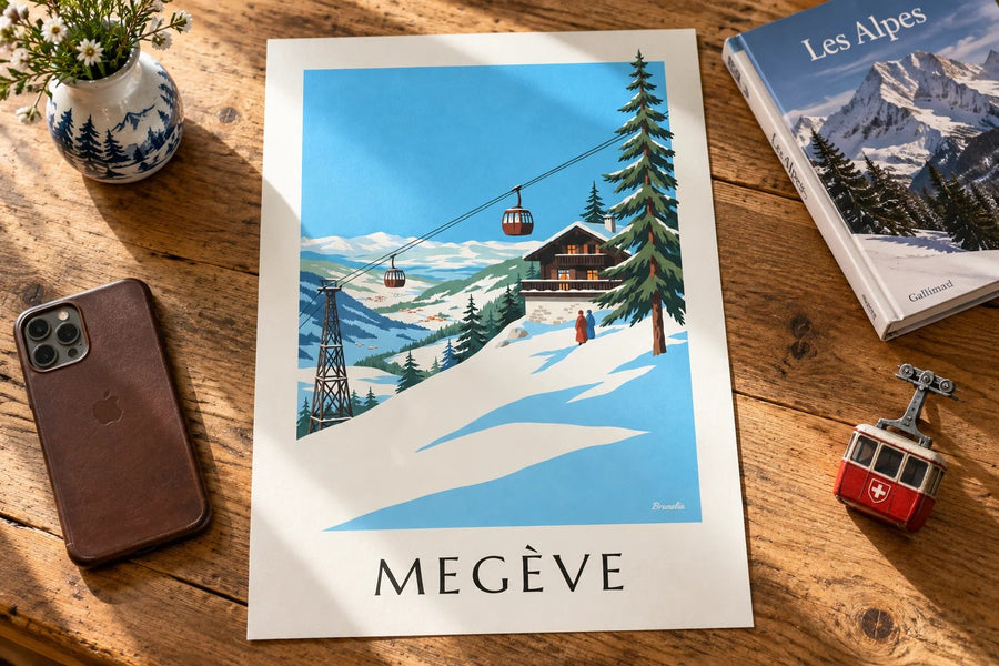 Affiche Megève, télécabine du Mont d'Arbois : posée sur une table