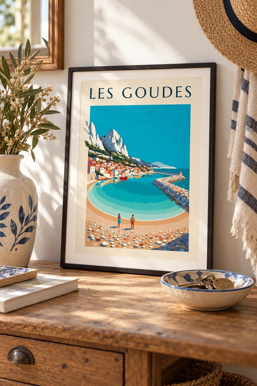 Affiche port des Goudes à Marseille, crique et digue : petit format A4 encadré