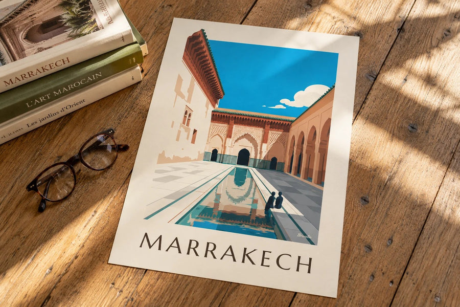 Affiche cour de la médersa Ben Youssef à Marrakech : posée sur une table