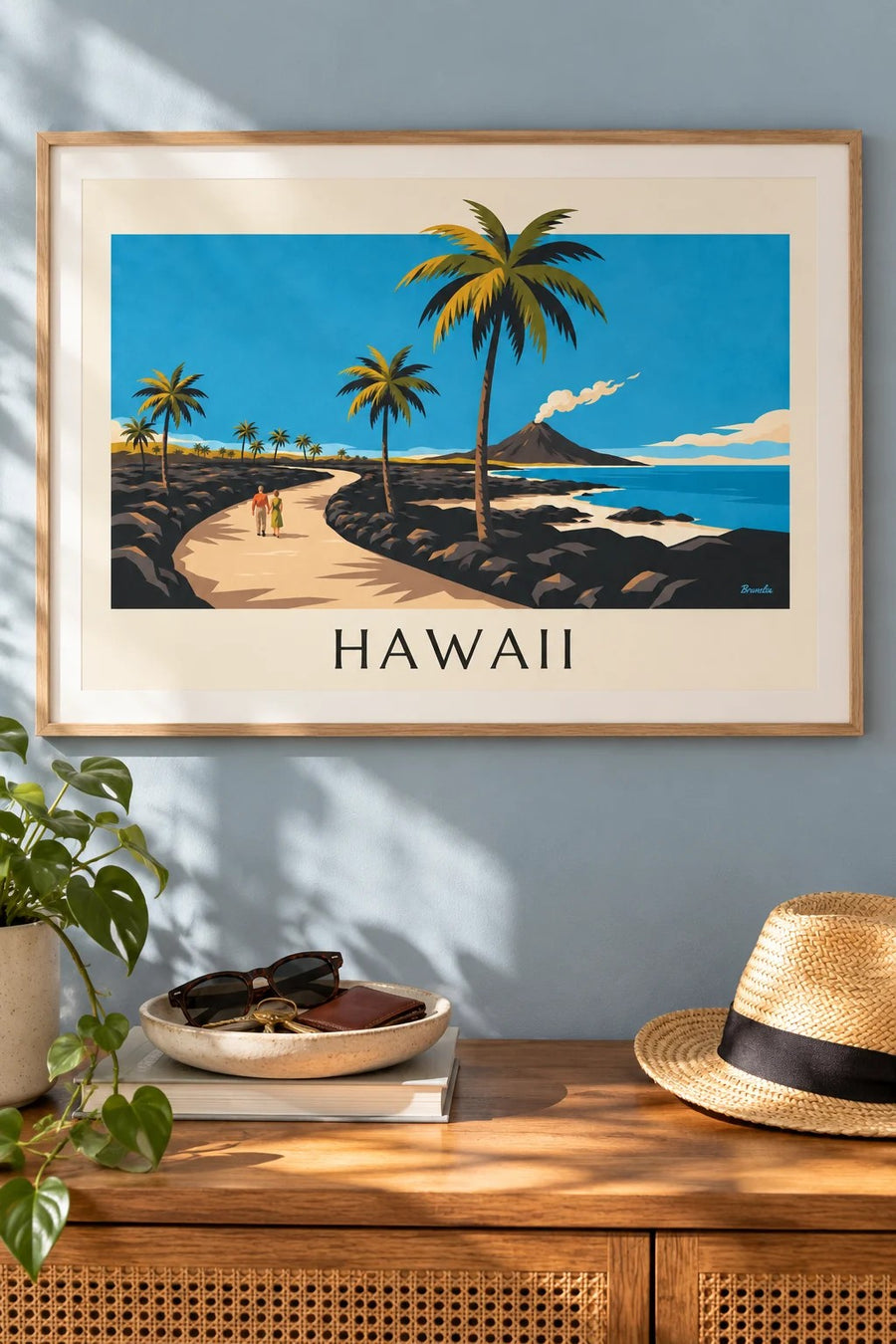 Hawaii road between palm trees and volcano poster: framed on the wall