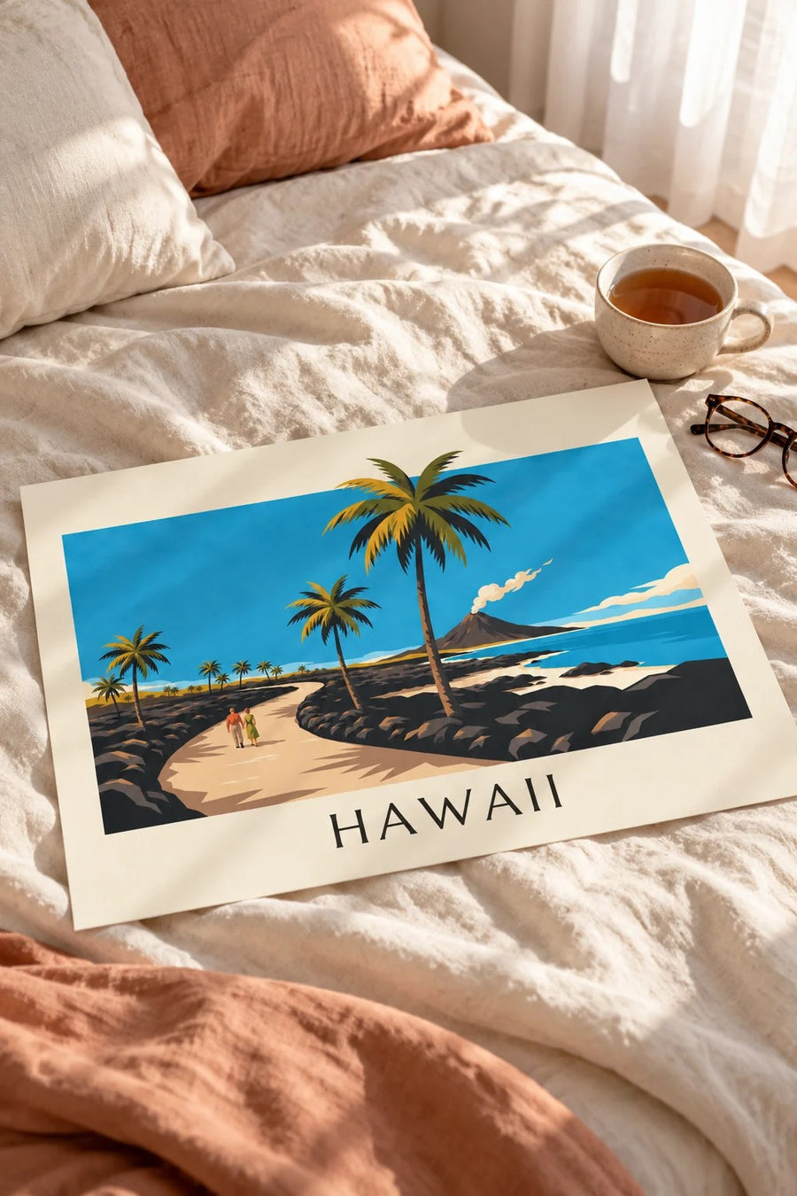 Hawaii road between palm trees and volcano poster: laid flat on a table