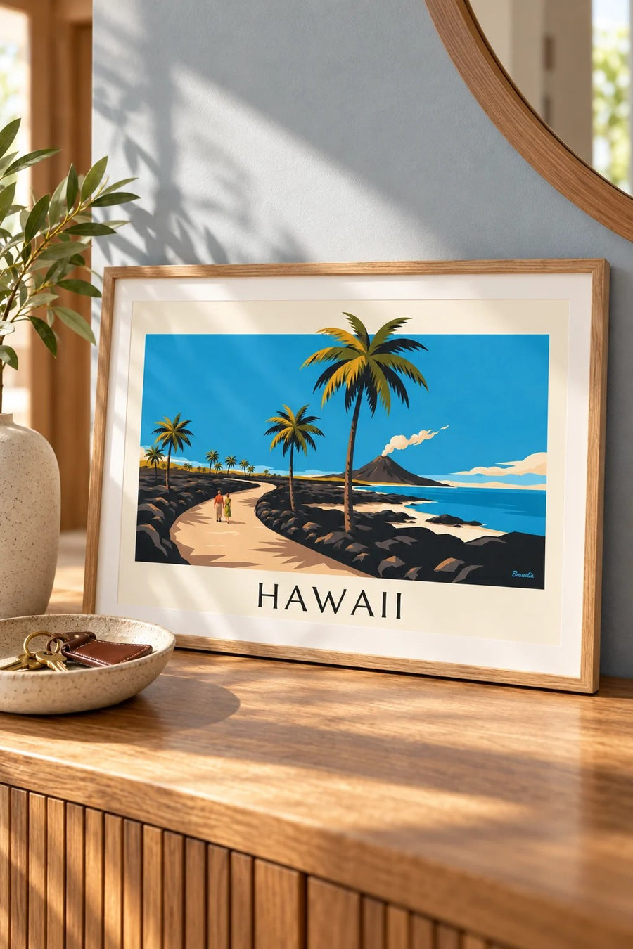 Hawaii road between palm trees and volcano poster: small A4 size, framed