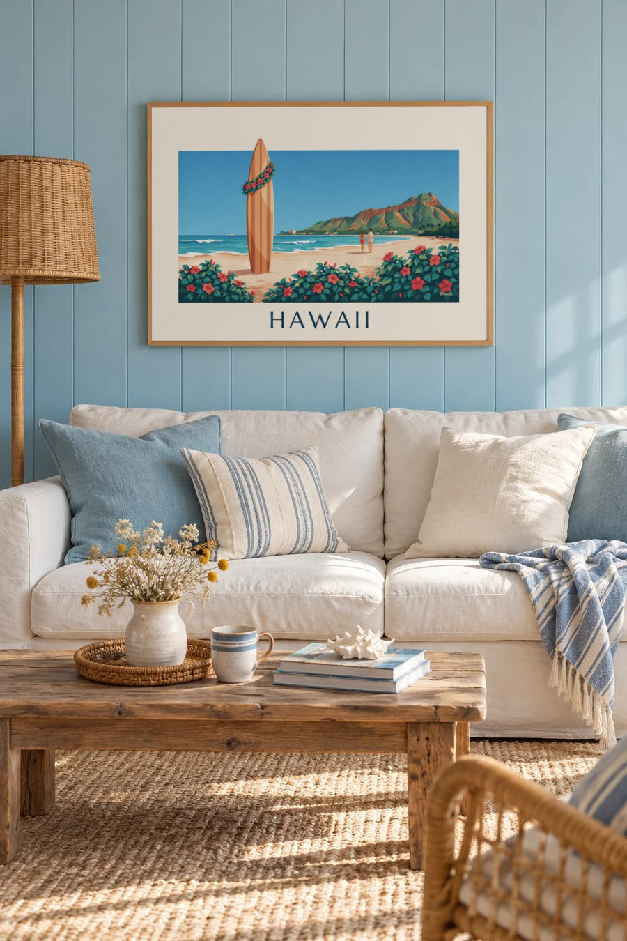 Surfboard and hibiscus facing Diamond Head, Hawaii poster: framed on the wall