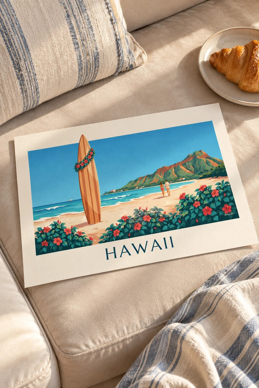 Surfboard and hibiscus facing Diamond Head, Hawaii poster: laid flat on a table