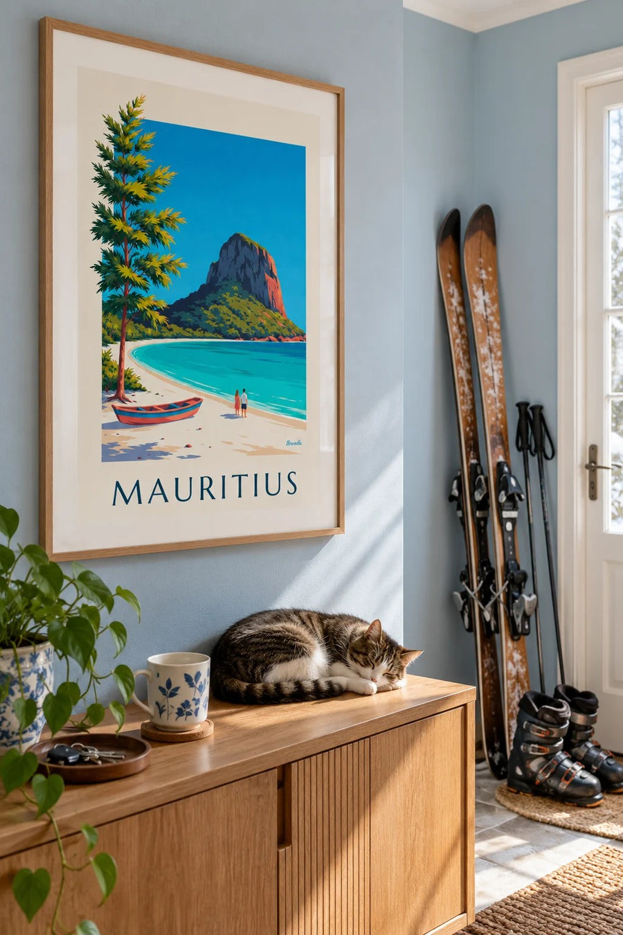 Le Morne Brabant and Mauritius lagoon poster: framed on the wall