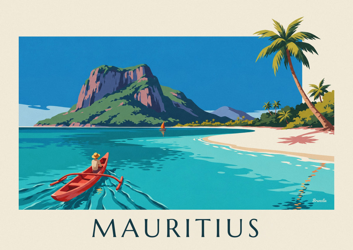 Mauritius lagoon, palm trees and Morne Brabant poster