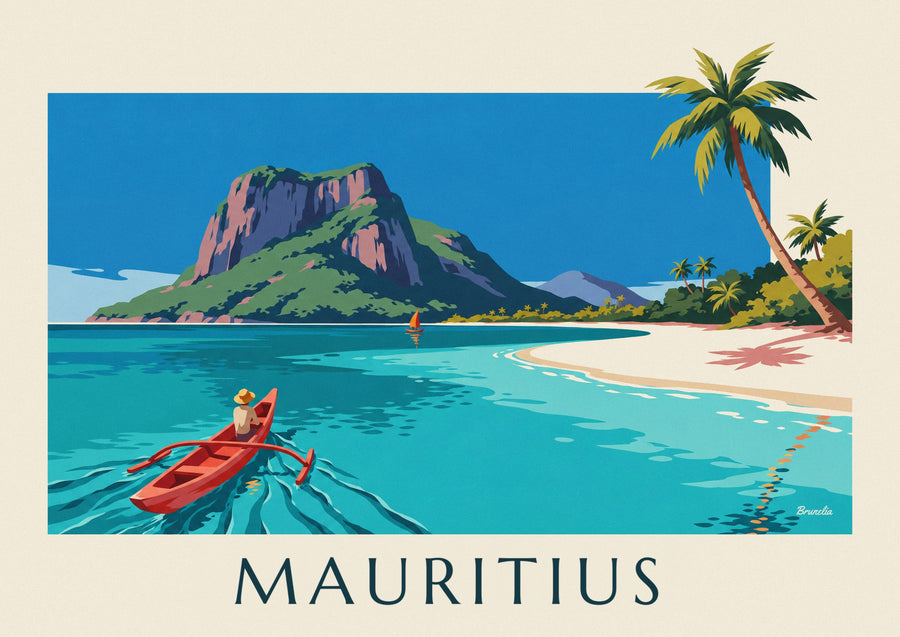 Mauritius lagoon, palm trees and Morne Brabant poster
