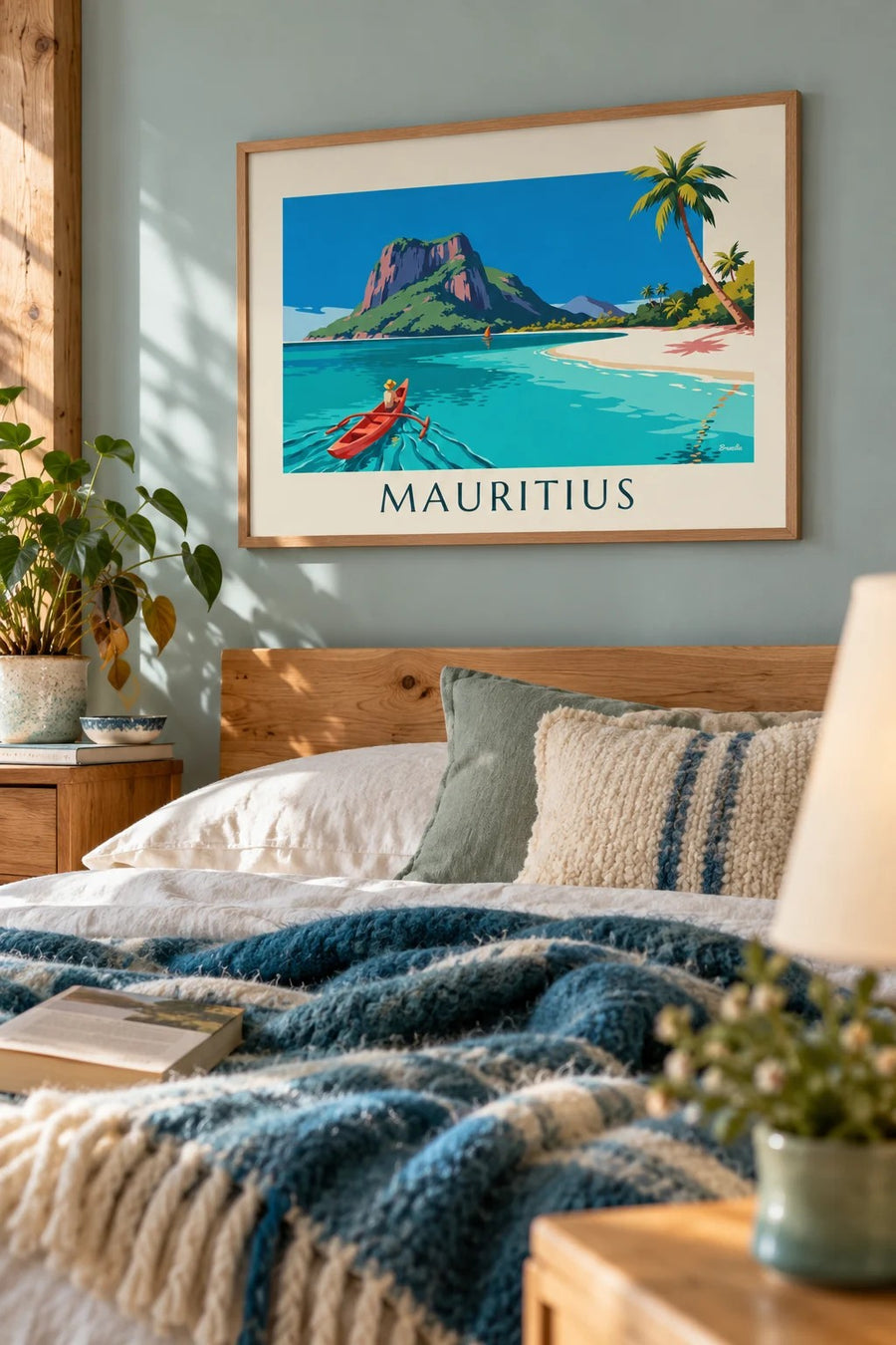 Mauritius lagoon, palm trees and Morne Brabant poster: framed on the wall