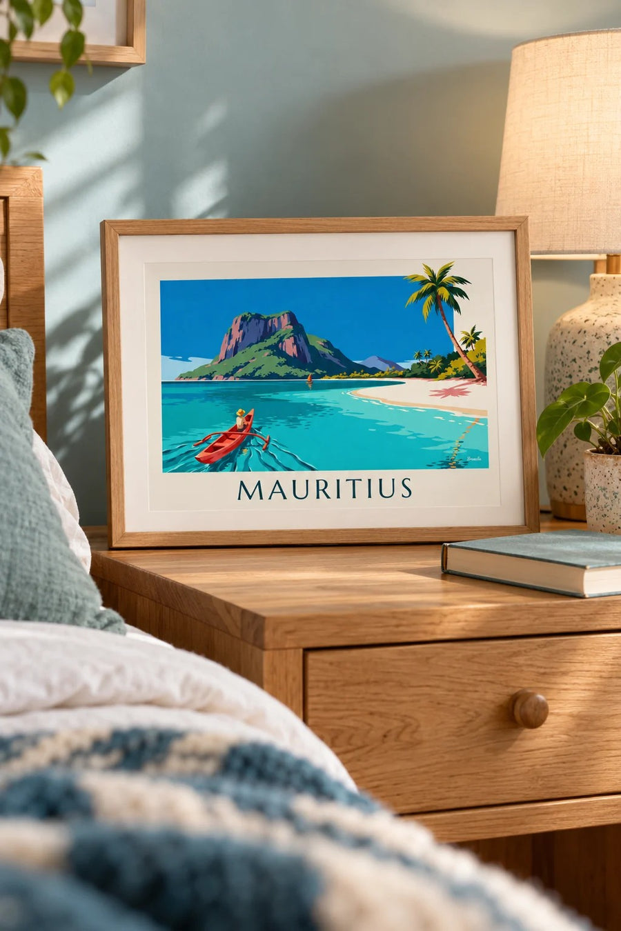 Mauritius lagoon, palm trees and Morne Brabant poster: small A4 size, framed