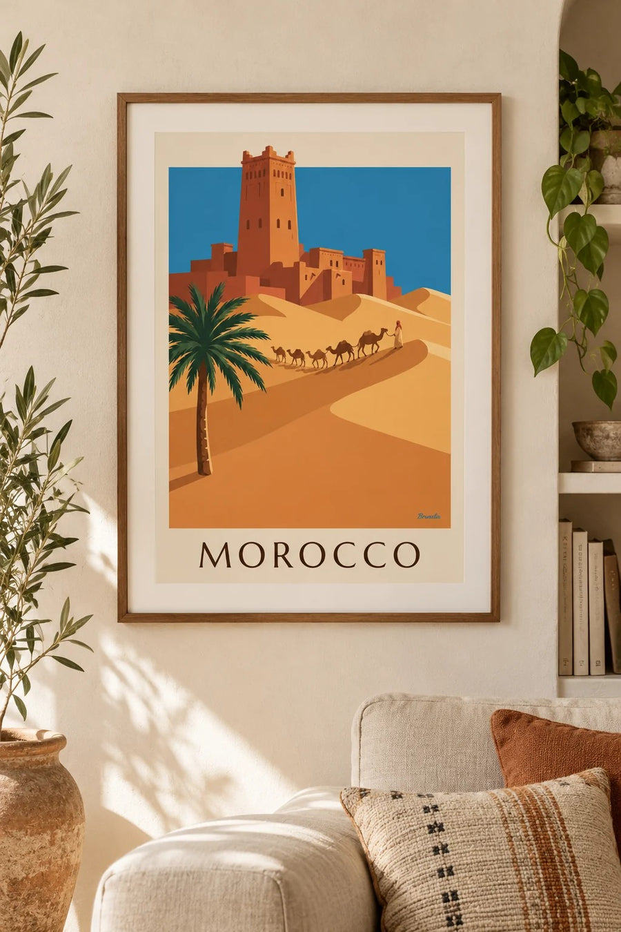 Moroccan desert kasbah and camel caravan poster: small A4 size, framed