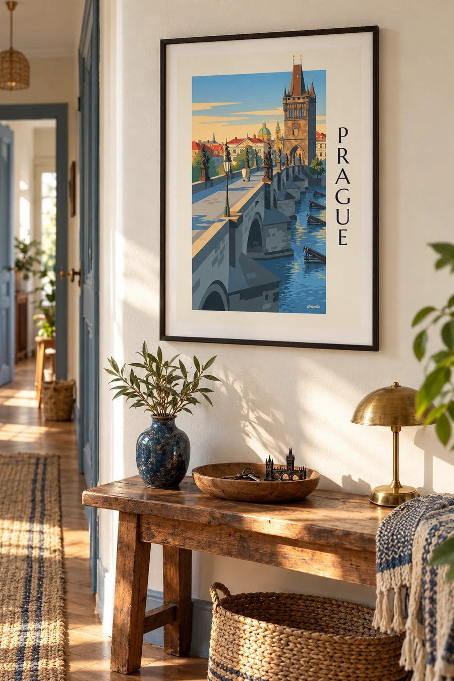 Prague Charles Bridge and Gothic tower on the Vltava poster: framed on the wall