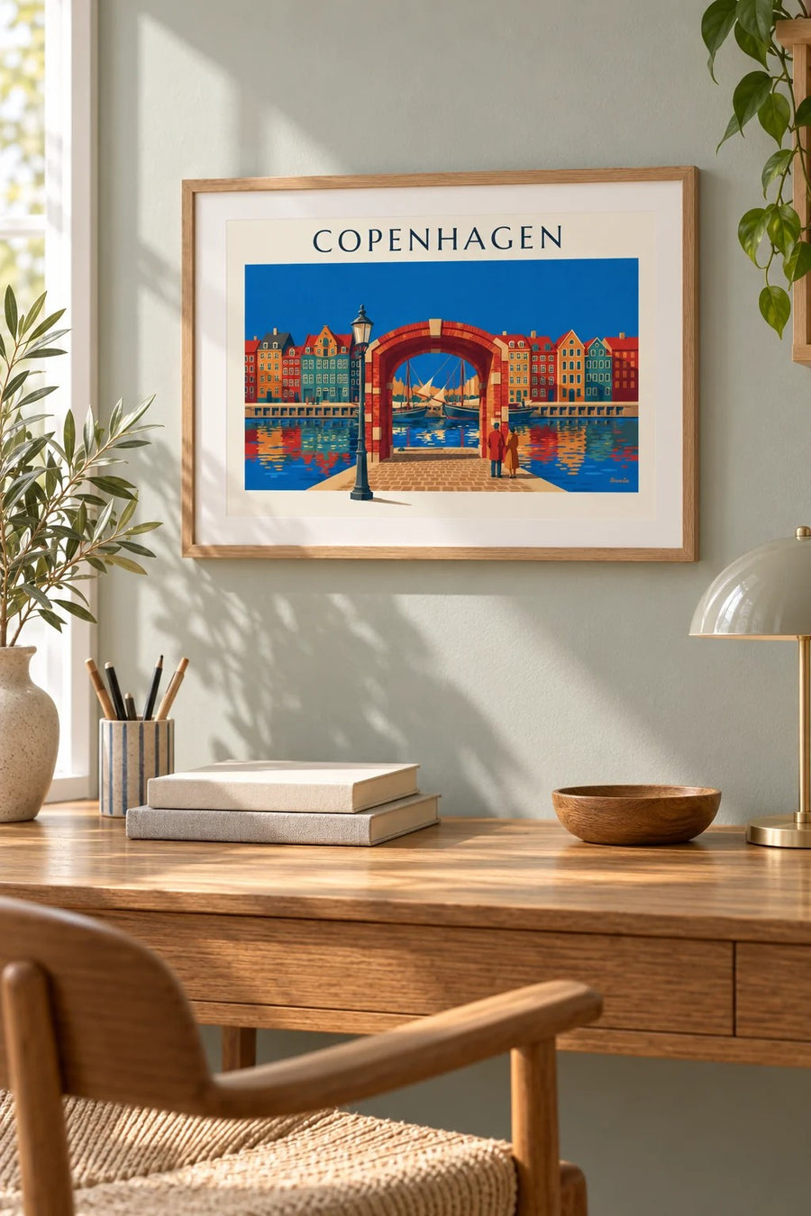 Copenhagen Nyhavn colorful houses and old sailboats poster: small framed A4 size