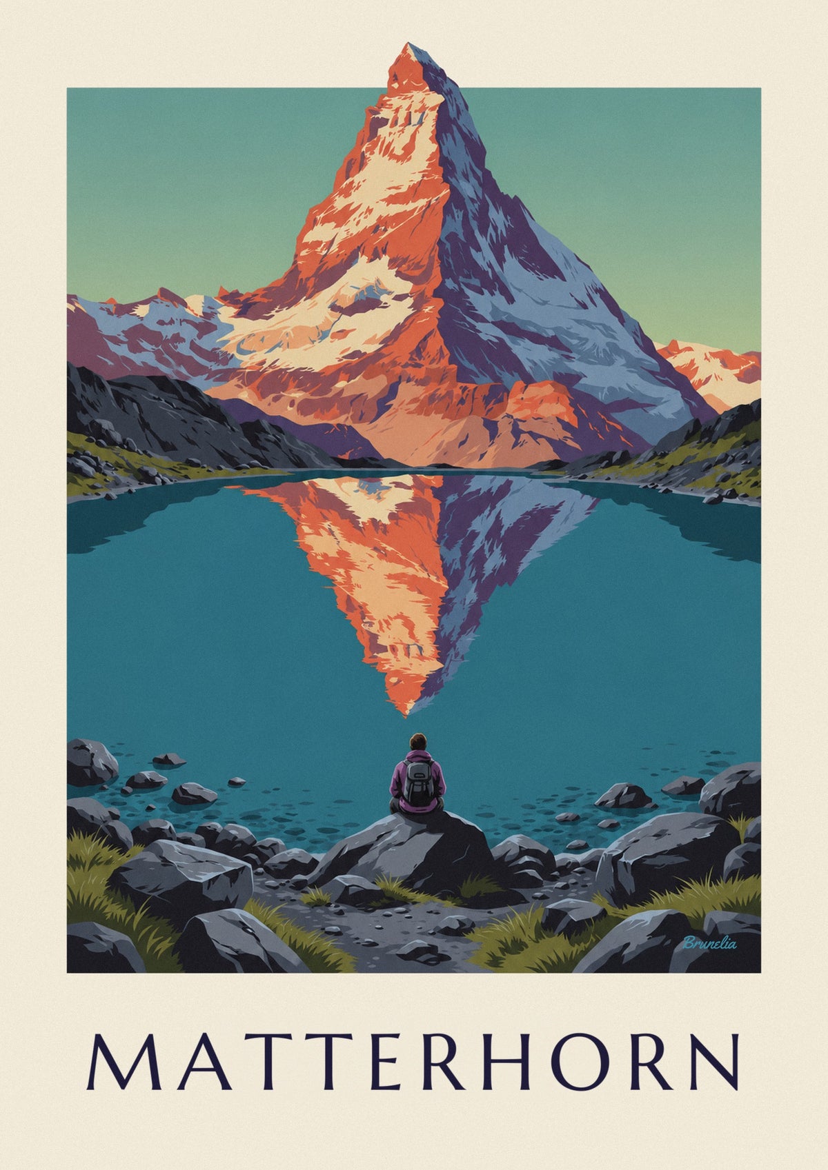 Matterhorn at sunset reflected in an alpine lake poster