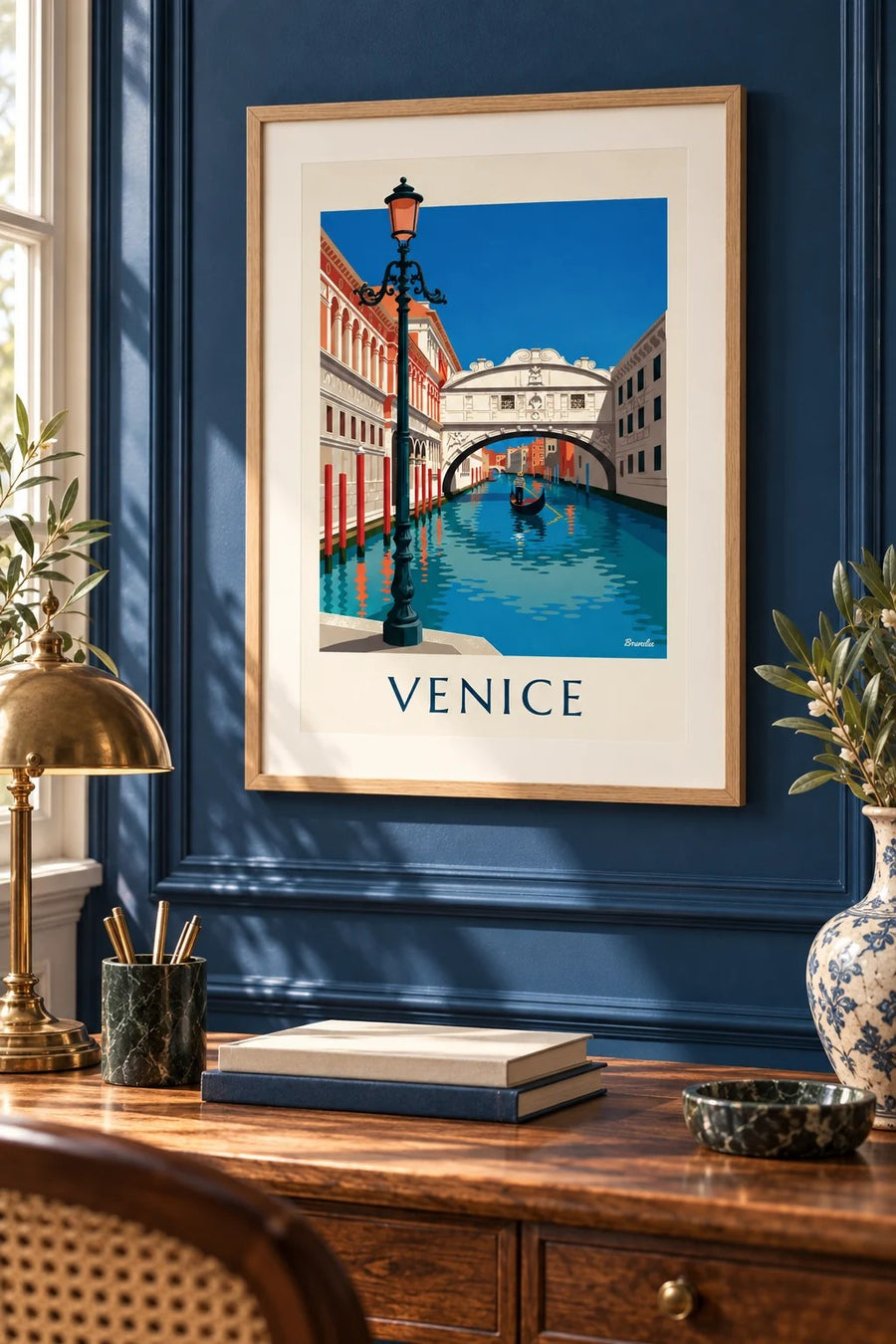 Gondola under the Bridge of Sighs in Venice poster: small A4 size, framed
