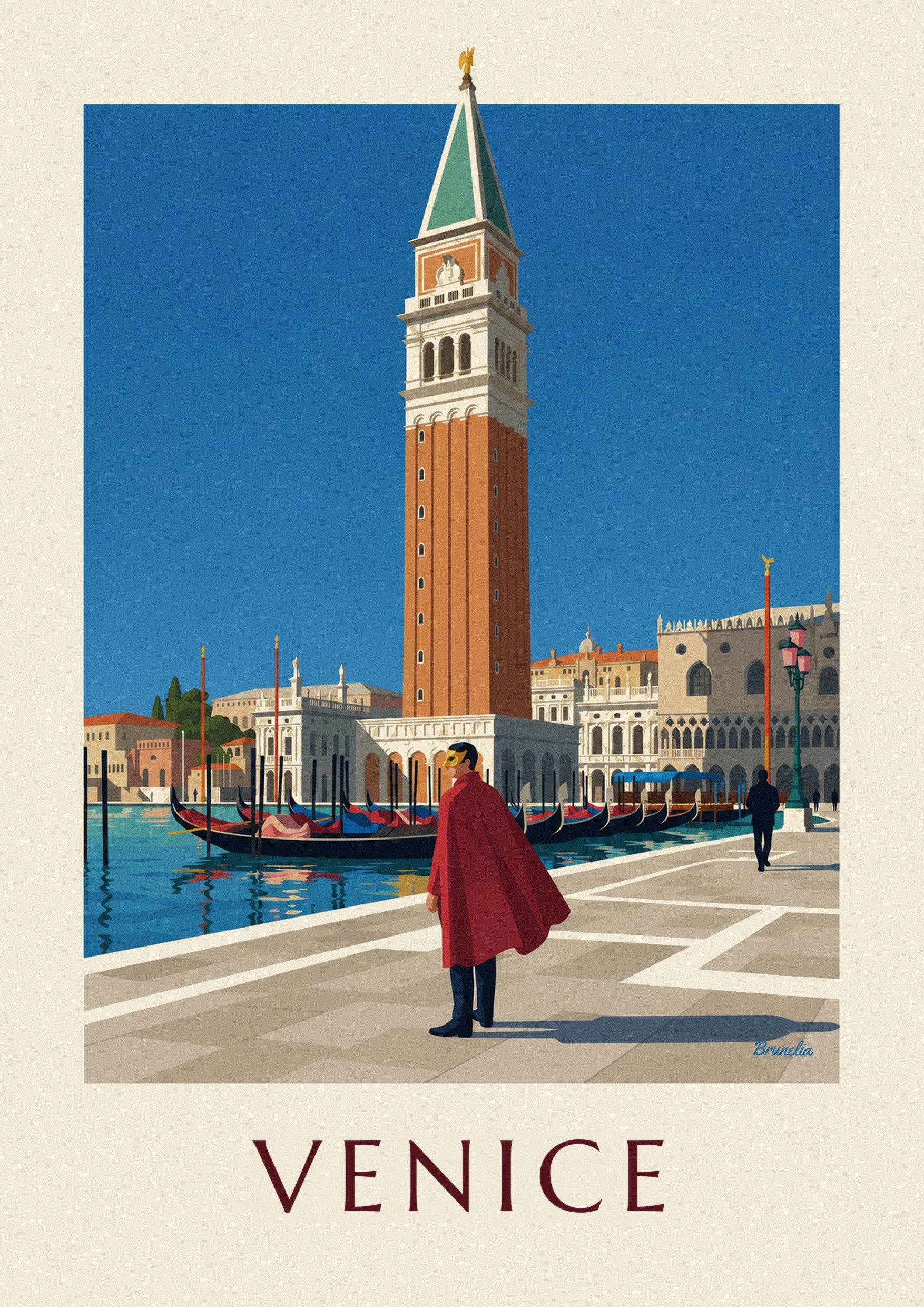 Masked man in red cape and St Mark’s Campanile poster: close-up detail