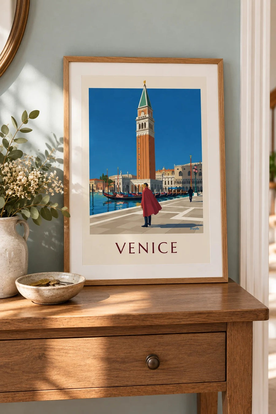 Masked man in red cape and St Mark’s Campanile poster: small A4 size, framed