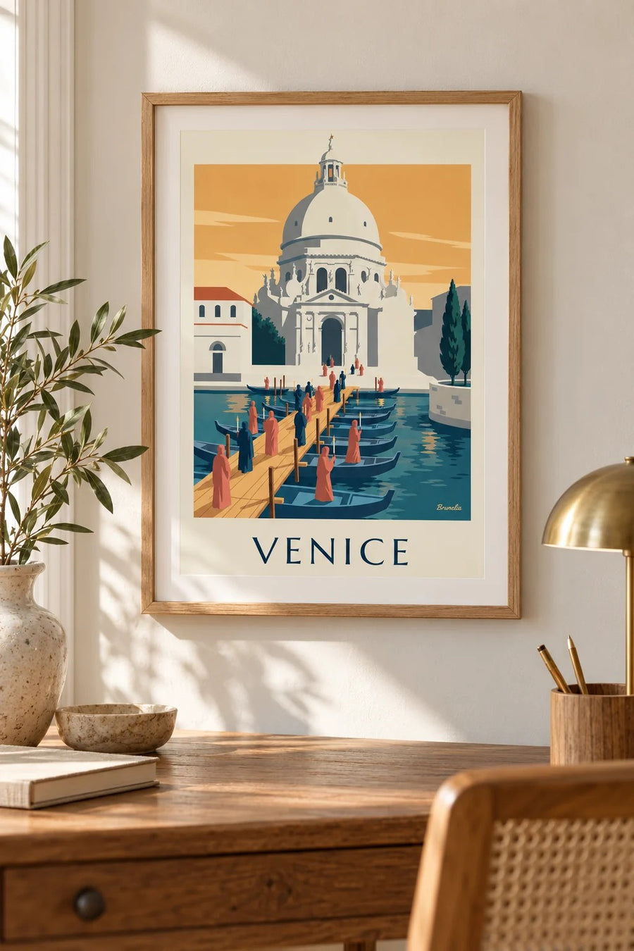 Pilgrims on the boat bridge to the Salute in Venice poster: small framed A4