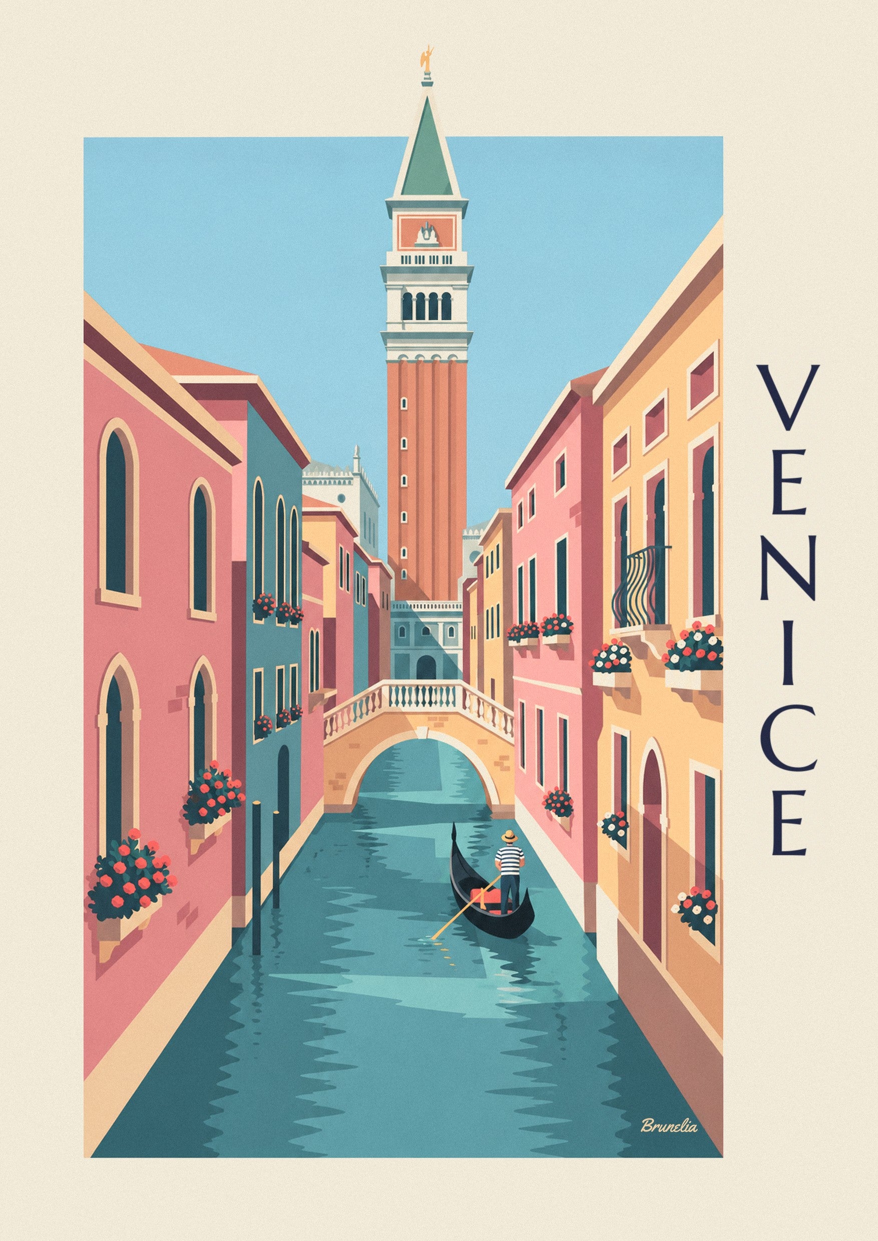 Gondolier on a small canal under the Venice Campanile poster: close-up detail