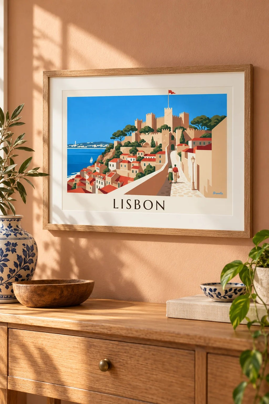 Lisbon Saint George’s Castle and Alfama rooftops poster: small framed A4 size