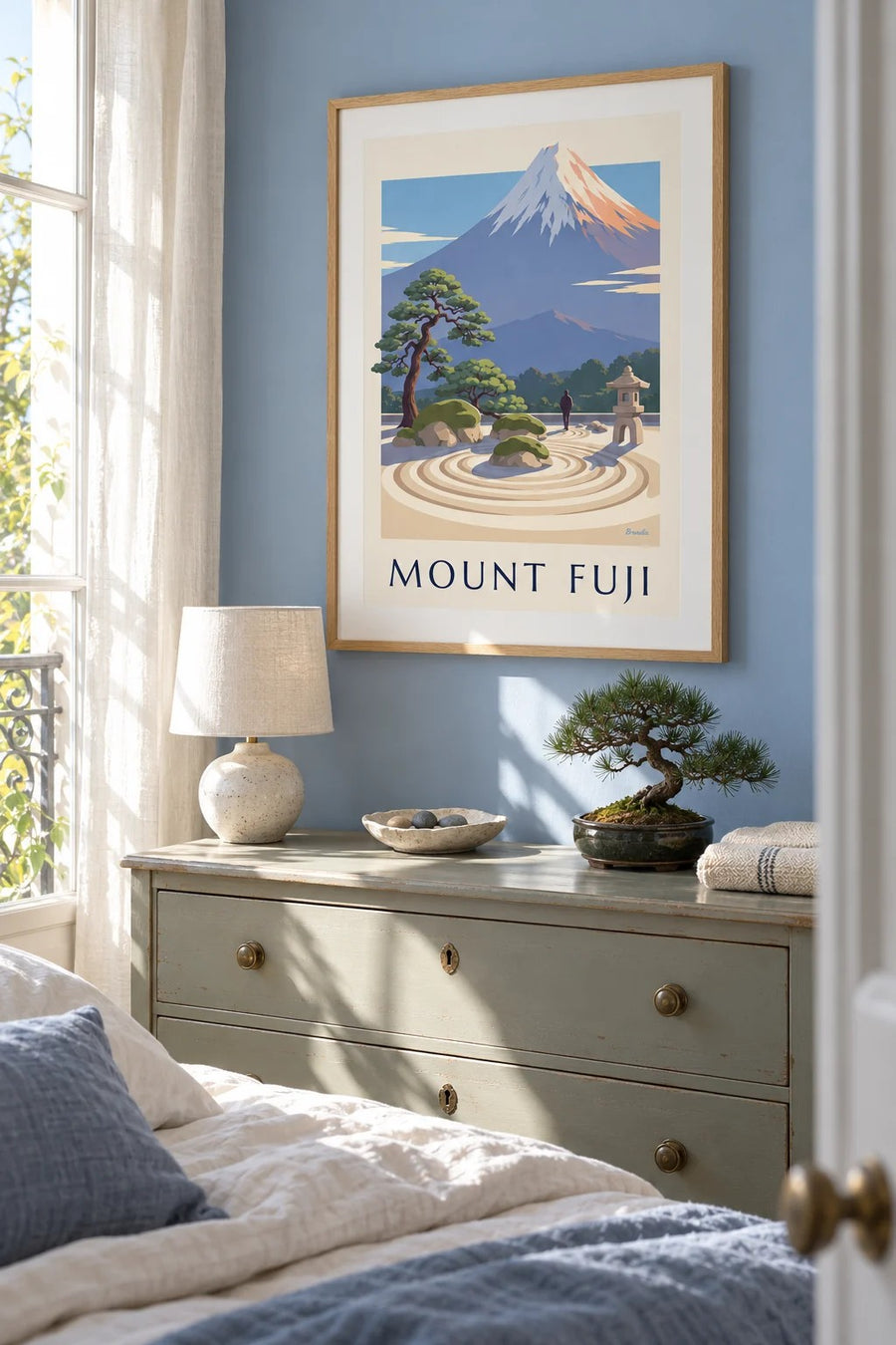 Japanese zen garden facing Mount Fuji poster: framed on the wall