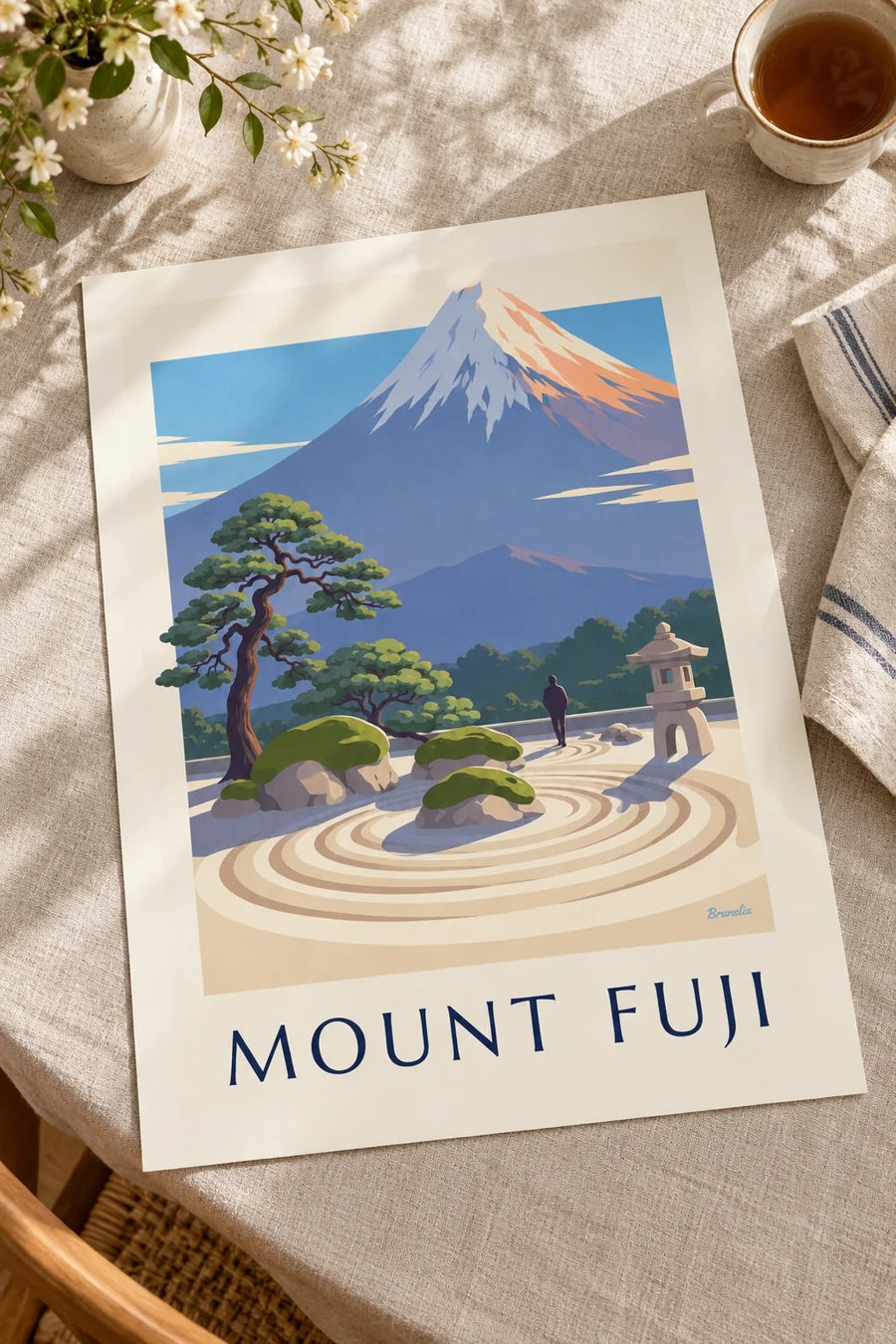 Japanese zen garden facing Mount Fuji poster: placed on a table