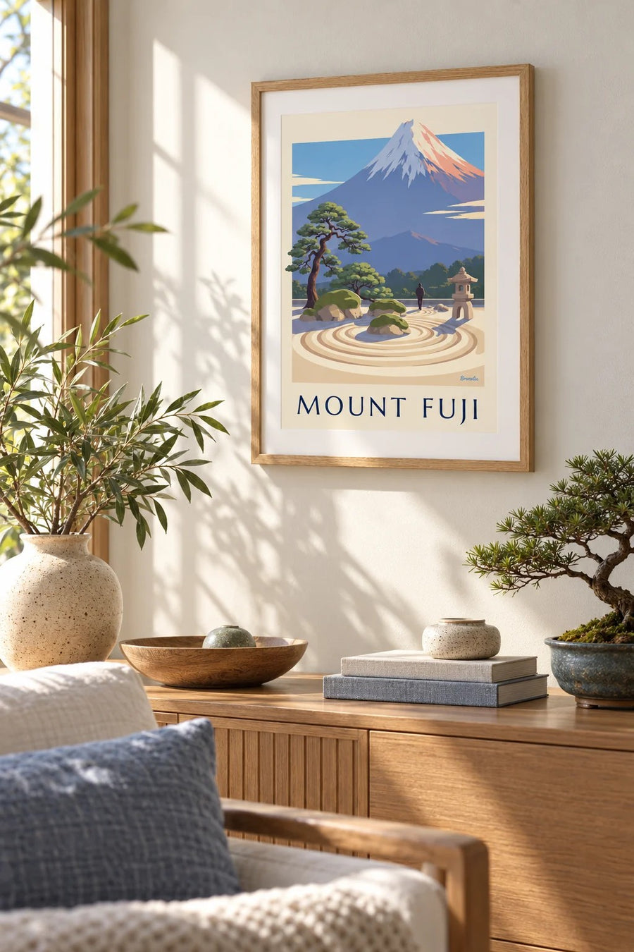 Japanese zen garden facing Mount Fuji poster: small A4 size, framed