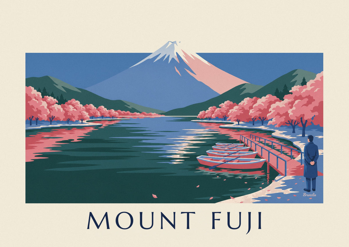 Mount Fuji, cherry blossoms and pier boats poster