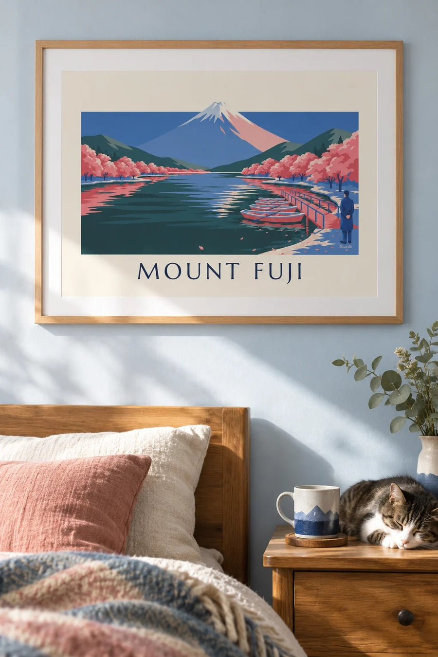 Mount Fuji, cherry blossoms and pier boats poster: framed on the wall