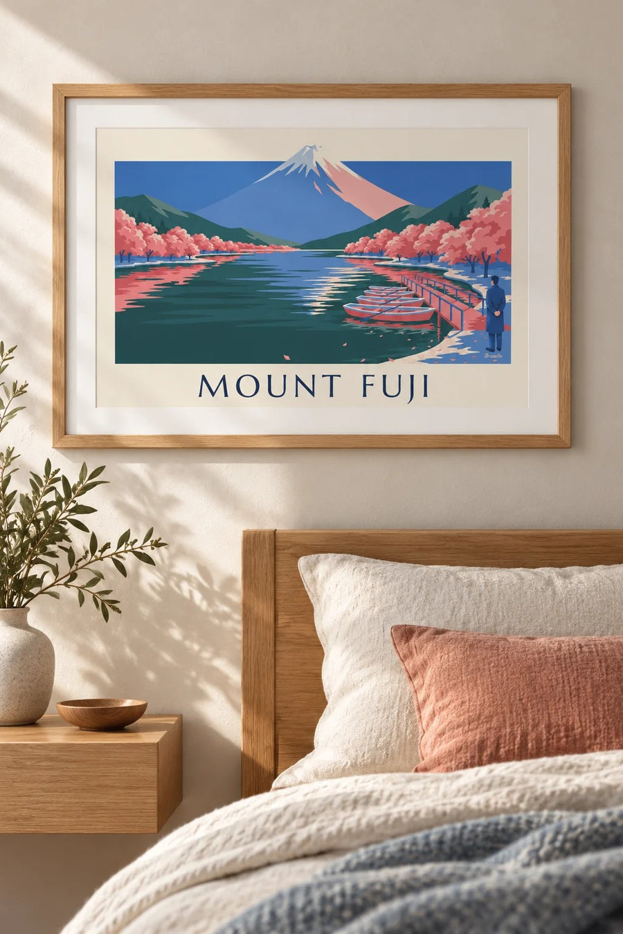 Mount Fuji, cherry blossoms and pier boats poster: small A4 framed size