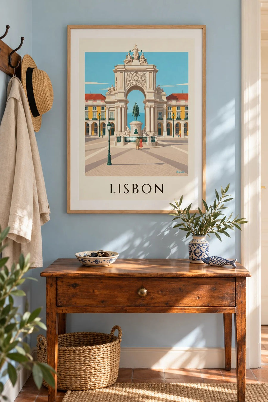 Place du Commerce and Rua Augusta arch in Lisbon poster: framed on the wall