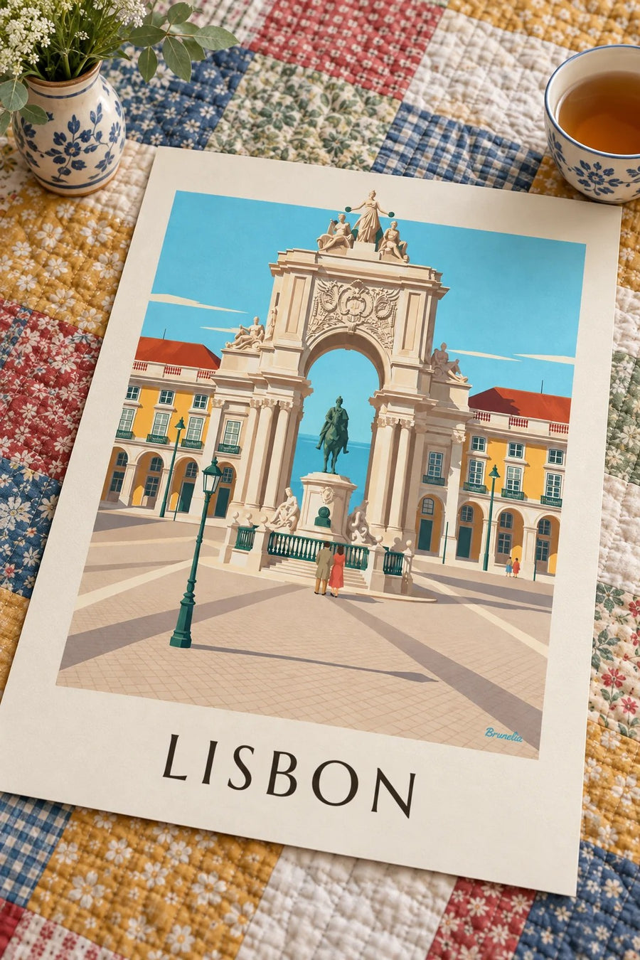 Place du Commerce and Rua Augusta arch in Lisbon poster: placed on a table