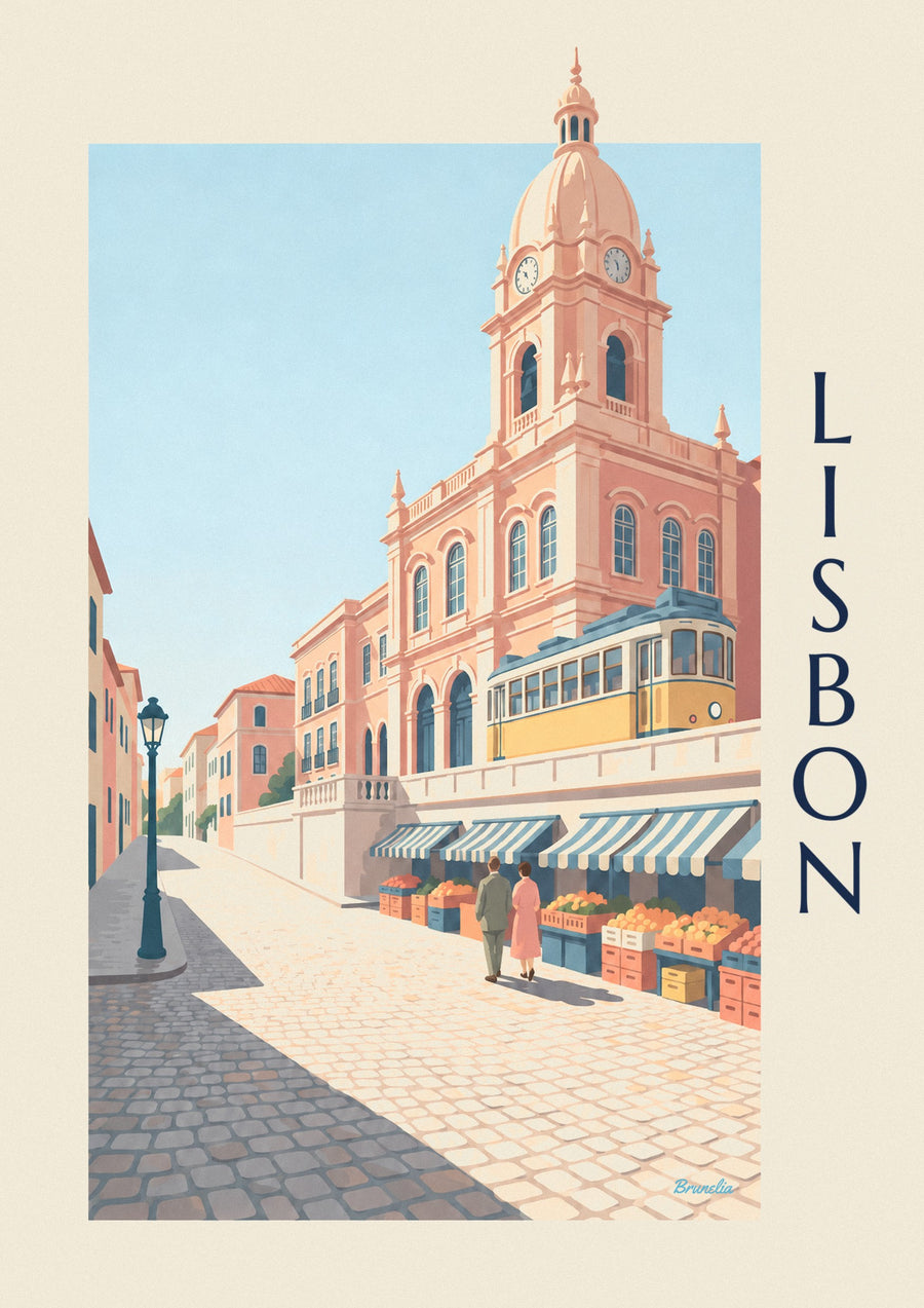 Ribeira market in Lisbon and yellow tram poster
