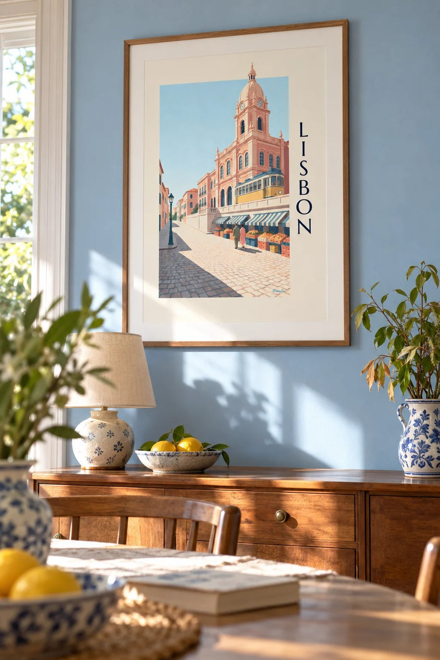 Ribeira market in Lisbon and yellow tram poster: framed on the wall