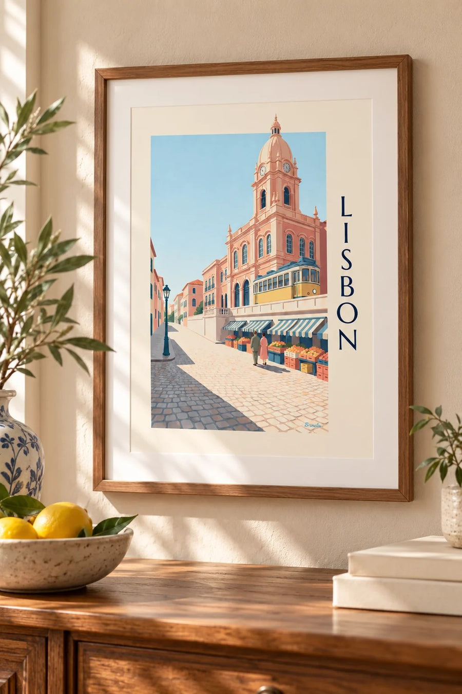Ribeira market in Lisbon and yellow tram poster: small A4 size, framed